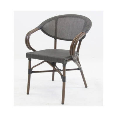 Fauteuil structure aluminium peint imitation rotin moka, assise et dos textylène Starbucks. Résistant aux intempéries. Traité anti-UV. Piétement avec embout plastique noir.