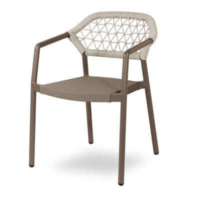 Châssis aluminium thermolaqué polyester , dossier corde synthétique. Assise tissu PVC.
Existe en taupe et anthracite